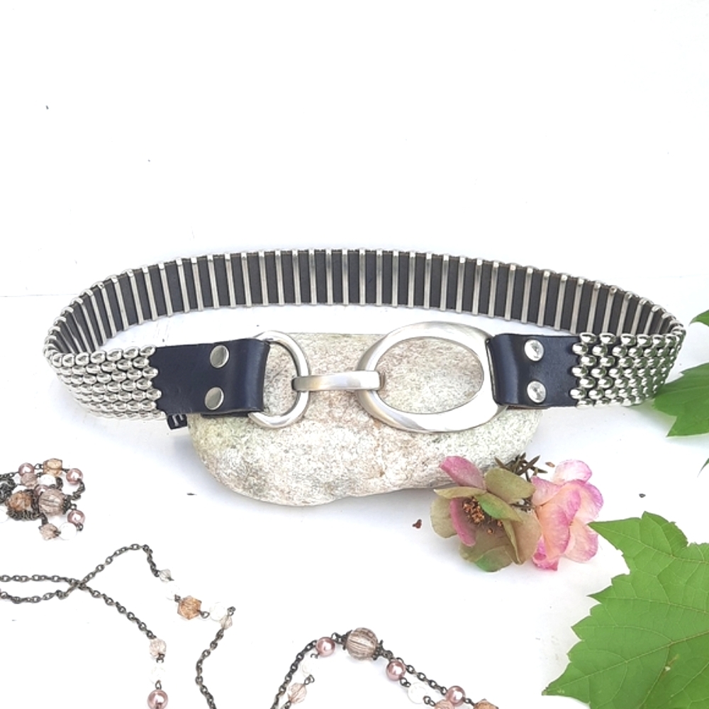 🍁 BRAVE Black Leather Belt, Large Oval Brushed Metal Buckle 'n Hook